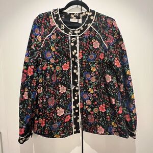 LOGO Lavish by Lori Goldstein Mixed Floral Print Woven Jacket with Picot Trim -
